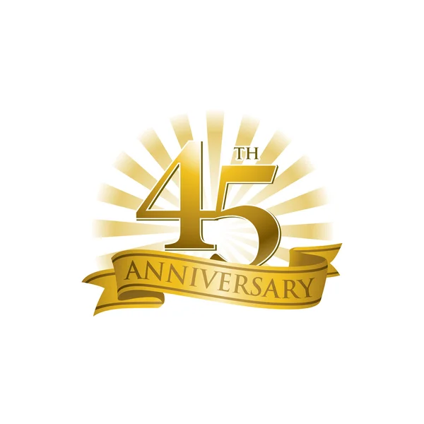 45th anniversary ribbon logo with golden rays of light — Stock Vector