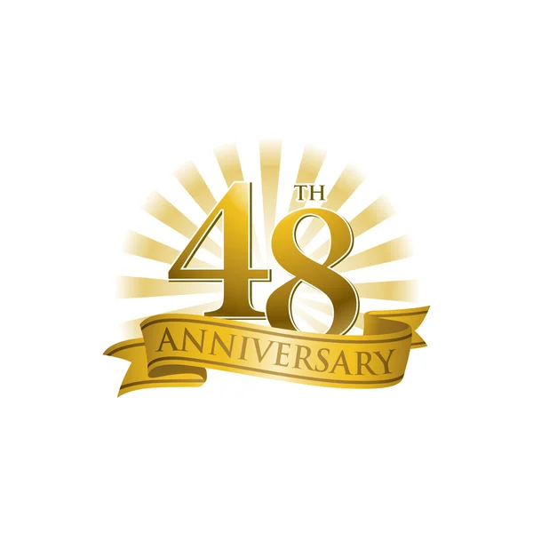 48th anniversary ribbon logo with golden rays of light — Stock Vector