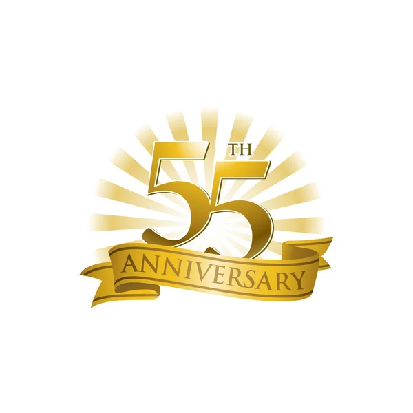 55e anniversaire logo ruban avec des rayons de lumière dorés — Image vectorielle