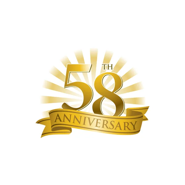 Logo del nastro 58esimo anniversario con raggi di luce dorati — Vettoriale Stock