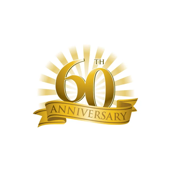 60 výročí stuha logo s zlatými paprsky světla — Stockový vektor