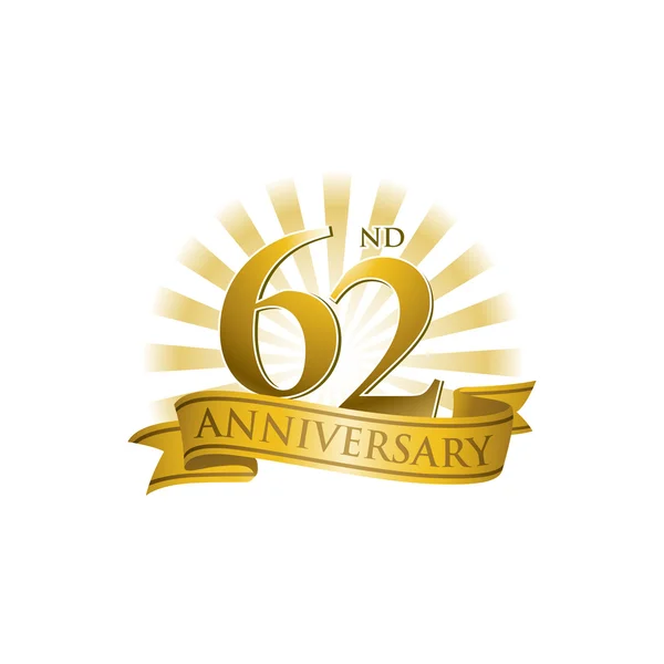 62nd anniversary ribbon logo with golden rays of light — Stock Vector