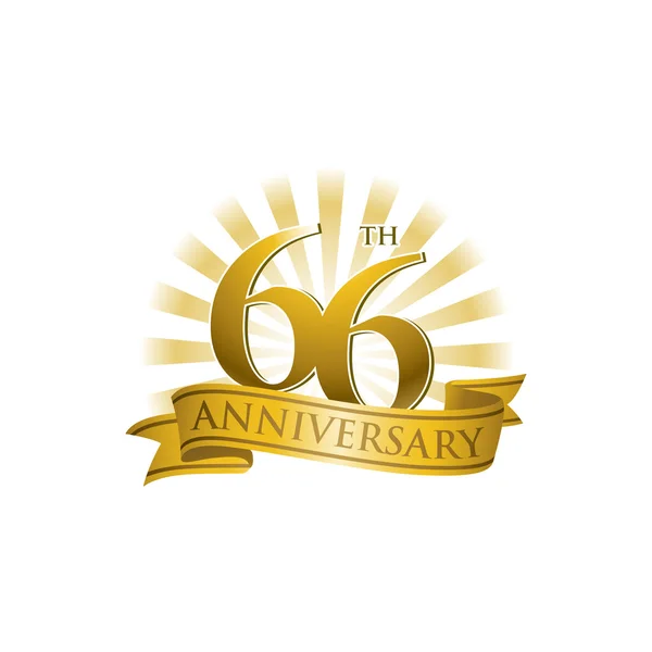 66th anniversary ribbon logo with golden rays of light — Stock Vector