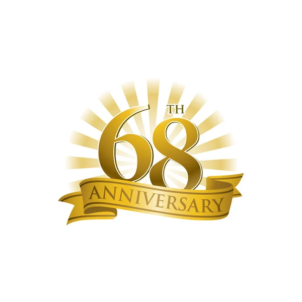 68esimo anniversario logo del nastro con raggi dorati di luce — Vettoriale Stock