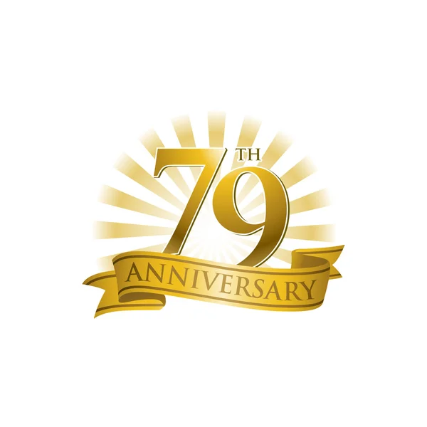 79th anniversary ribbon logo with golden rays of light — Stock Vector