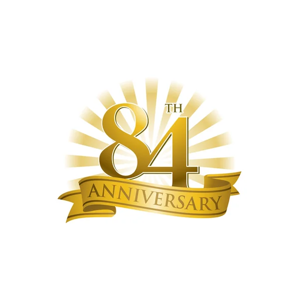 84e verjaardagslogo lint met gouden stralen van het licht — Stockvector