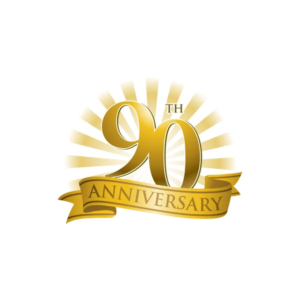 90: e årsdagen ribbon logo med gyllene strålar av ljus — Stock vektor