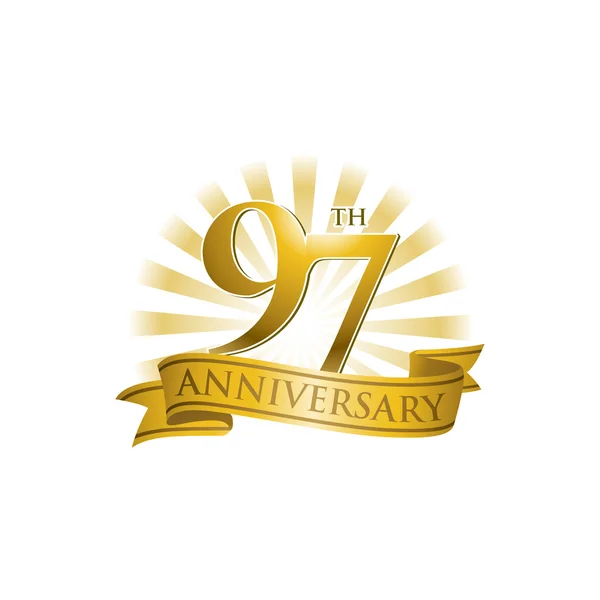 Logotipo de cinta 97º aniversario con rayos dorados de luz — Archivo Imágenes Vectoriales