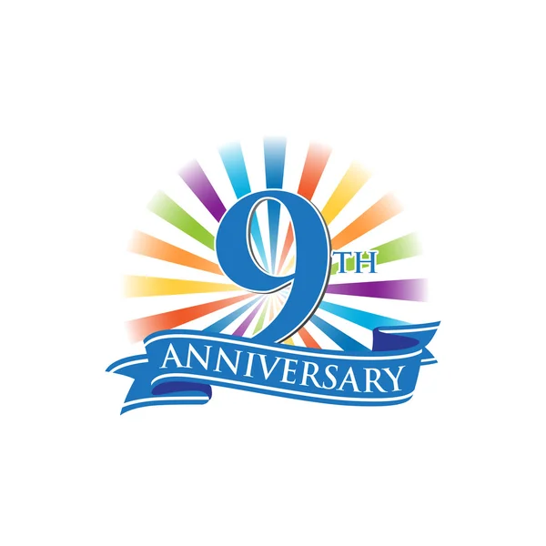 9th anniversary ribbon logo with colorful rays of light — Stock Vector