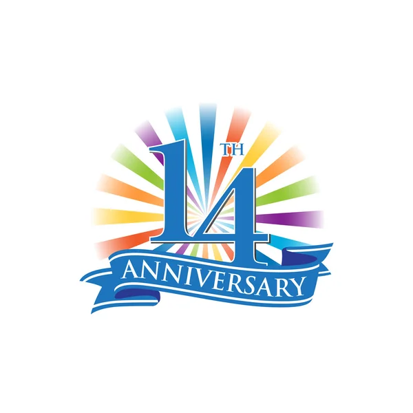 14 tahun ulang tahun logo pita dengan warna-warni sinar cahaya - Stok Vektor