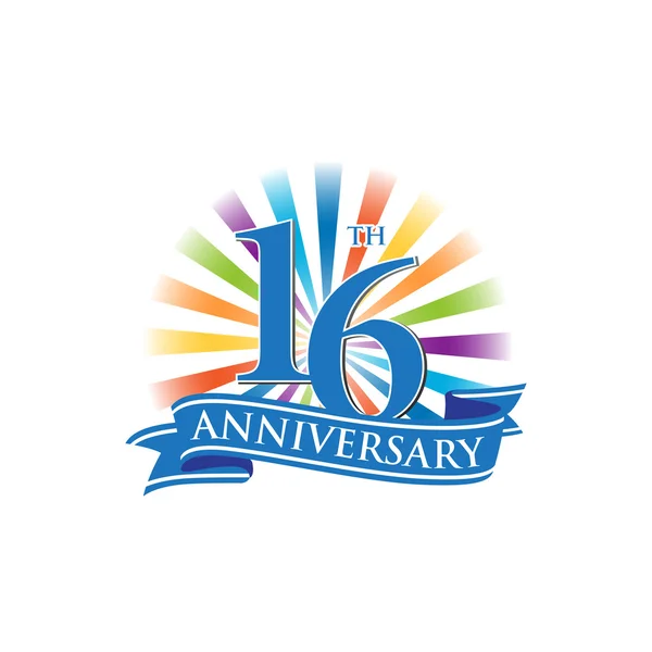 16th anniversary ribbon logo with colorful rays of light — Stock Vector