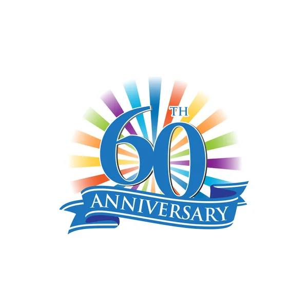 Logotipo de cinta de 60 aniversario con rayos de luz de colores — Vector de stock