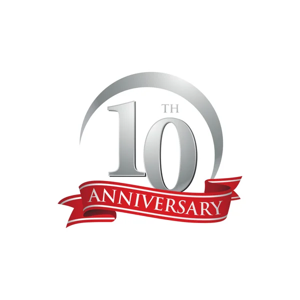 10th yıldönümü yüzük logo kırmızı kurdele — Stok Vektör