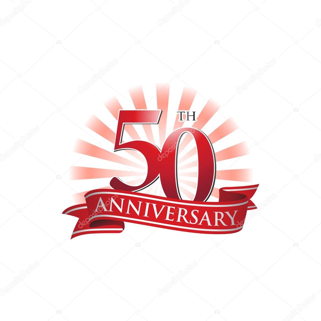 50th anniversary ribbon logo with red rays of light — Stock Vector