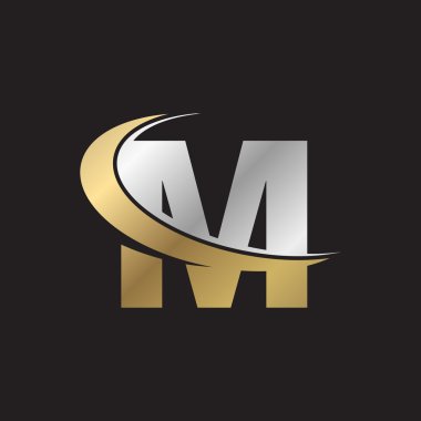 letter M swoosh silver gold logo black background clipart