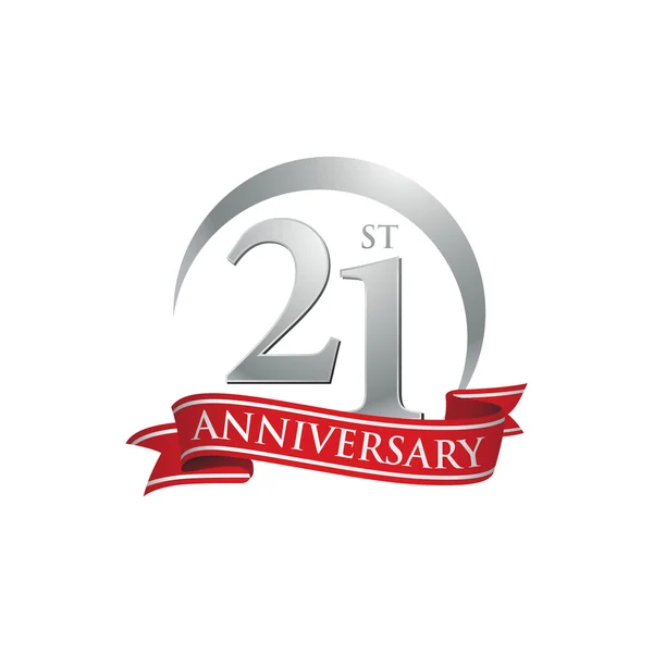 21 yıl dönümü yüzük logo kırmızı kurdele — Stok Vektör