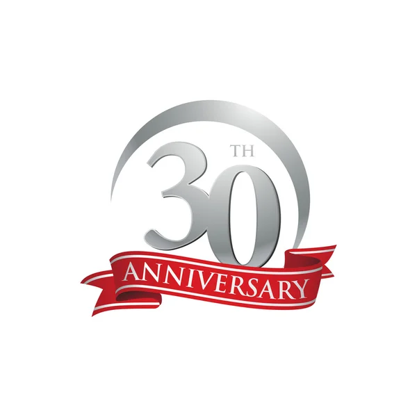 30th évforduló gyűrű logo piros szalag — Stock Vector