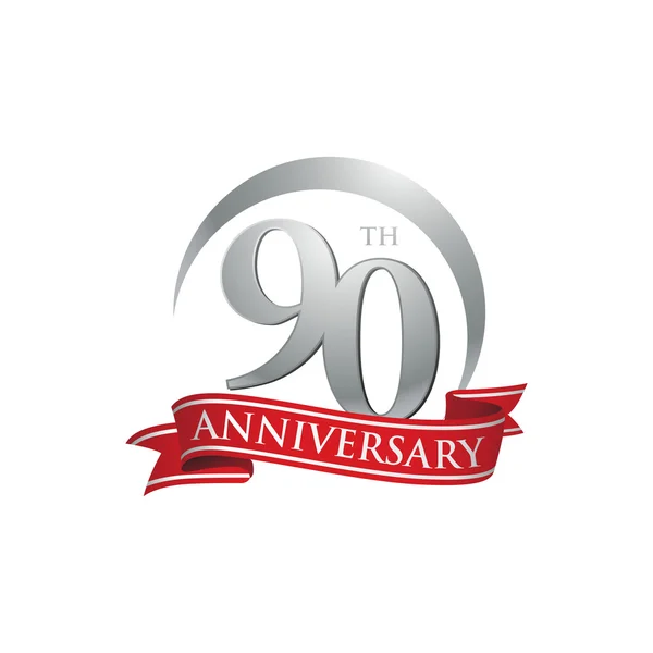 Bague 90e anniversaire logo ruban rouge — Image vectorielle