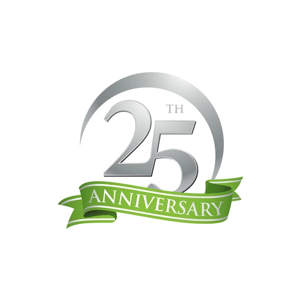 25th anniversary ring logo green ribbon — Stock Vector