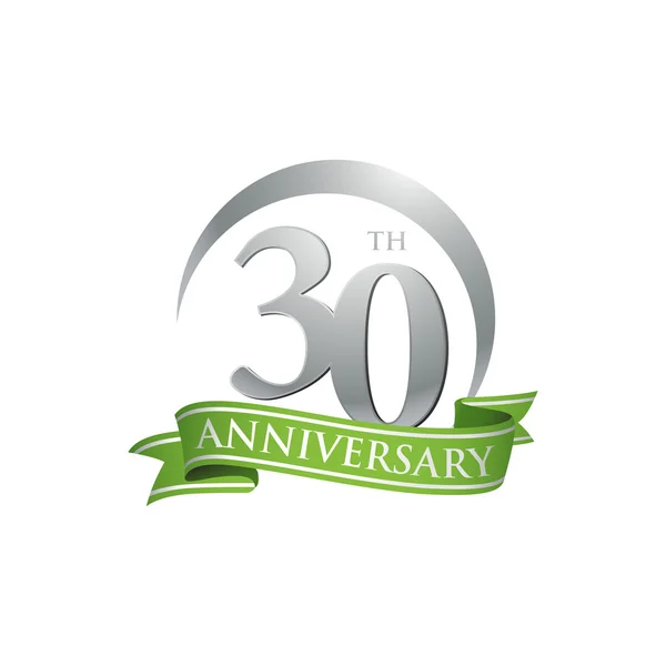 30th anniversary ring logo green ribbon — Stock Vector