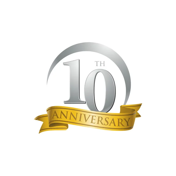 10th aniversário anel logotipo fita de ouro — Vetor de Stock