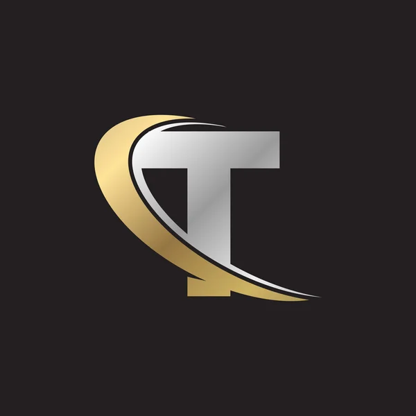 Litera T swoosh srebrnym Złote logo czarne tło — Wektor stockowy