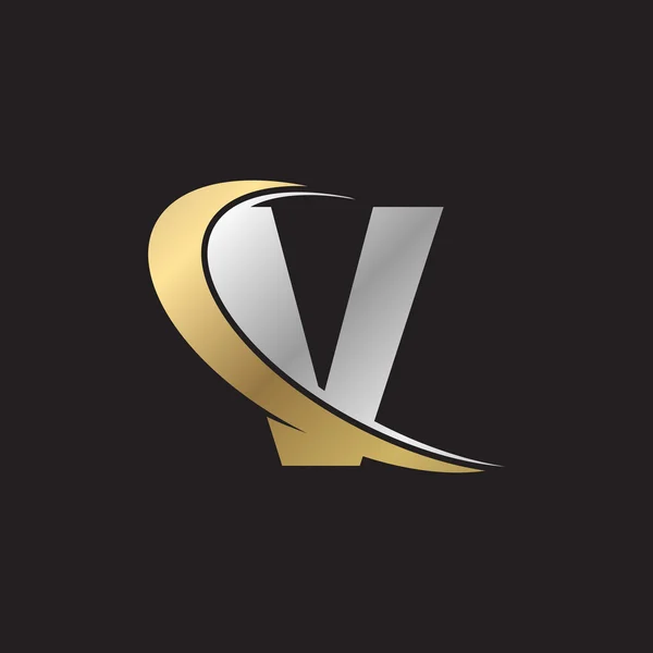 Letra V swoosh prata logotipo do ouro fundo preto — Vetor de Stock