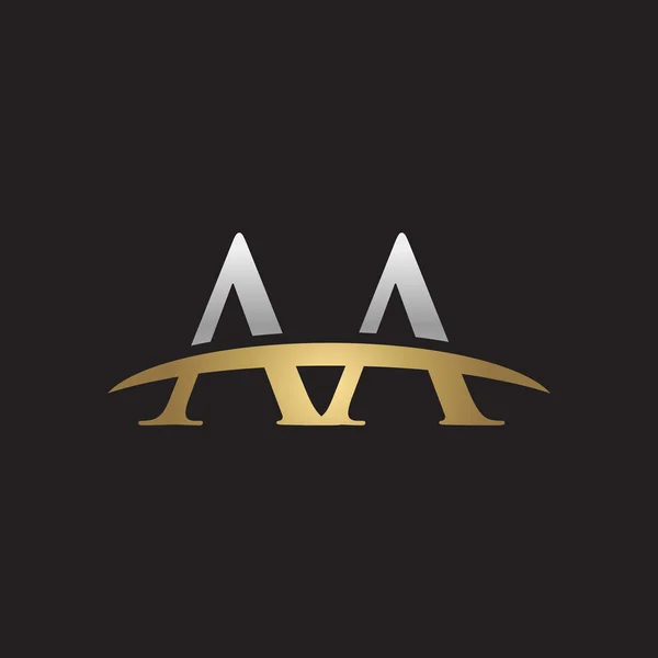 Letra inicial AA plata oro swoosh logo fondo negro — Vector de stock