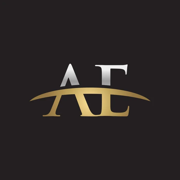 Počáteční písmeno Ae stříbro zlato swoosh logo černé pozadí — Stockový vektor