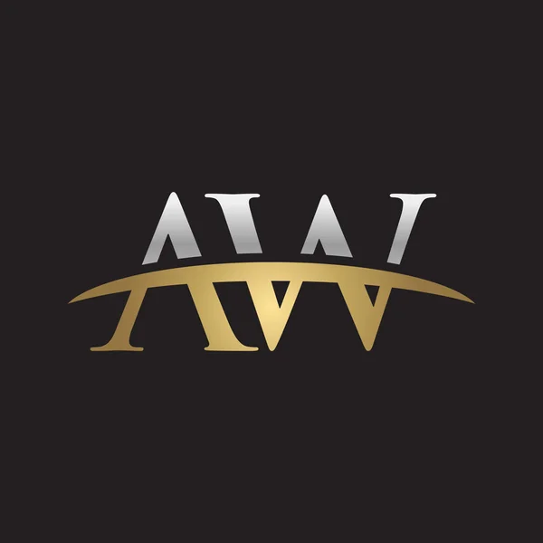 Αρχικό γράμμα Aw ασήμι χρυσός swoosh λογότυπο swoosh λογότυπο μαύρο φόντο — Διανυσματικό Αρχείο