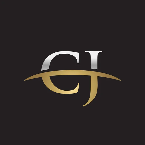 Letra inicial CJ plata oro swoosh logo swoosh logo negro fondo — Vector de stock