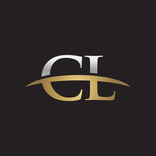 Letra inicial CL plata oro swoosh logo swoosh logo negro fondo — Vector de stock