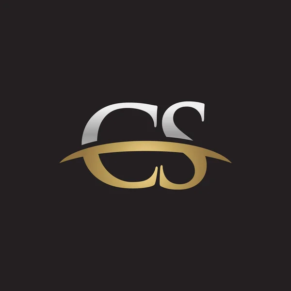 Letra inicial CS plata oro swoosh logo swoosh logo negro fondo — Vector de stock