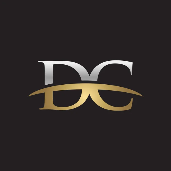 Eredeti levél Dc Ezüst arany swoosh logó swoosh logó fekete háttér — Stock Vector