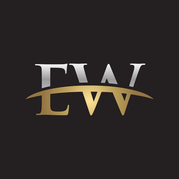 Počáteční písmeno Ew stříbro zlato swoosh logo swoosh logo černé pozadí — Stockový vektor