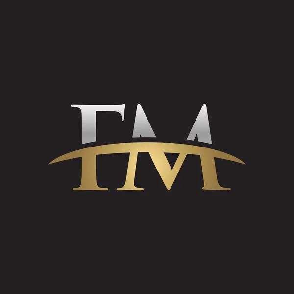 Initial letter FM silver gold swoosh logo swoosh logo black background — Stock Vector