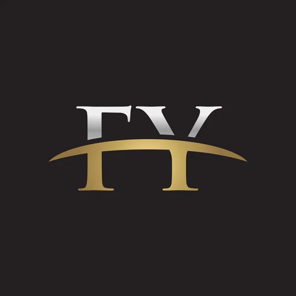 Initial letter FY silver gold swoosh logo swoosh logo black background — Stock Vector
