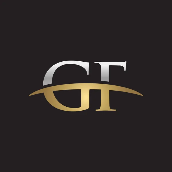 Literą Gf srebro złoto swoosh logo swoosh logo na czarnym tle — Wektor stockowy