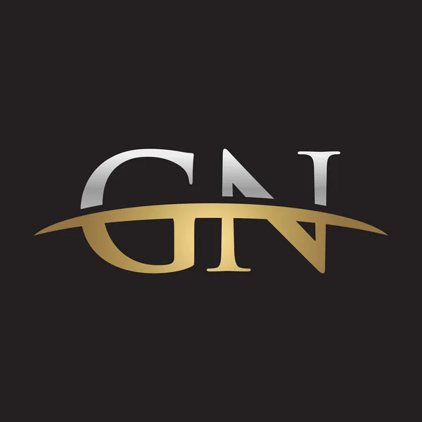 Eerste brief Gn zilver goud swoosh logo swoosh logo zwarte achtergrond — Stockvector