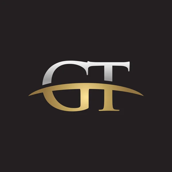 Pierwsza litera Gt silver gold swoosh logo swoosh logo na czarnym tle — Wektor stockowy
