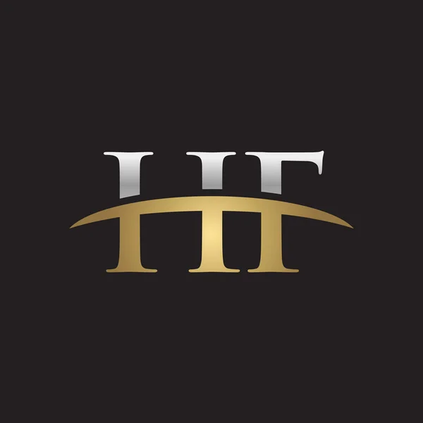 Initial letter HFsilver gold swoosh logo swoosh logo black background — Stock Vector