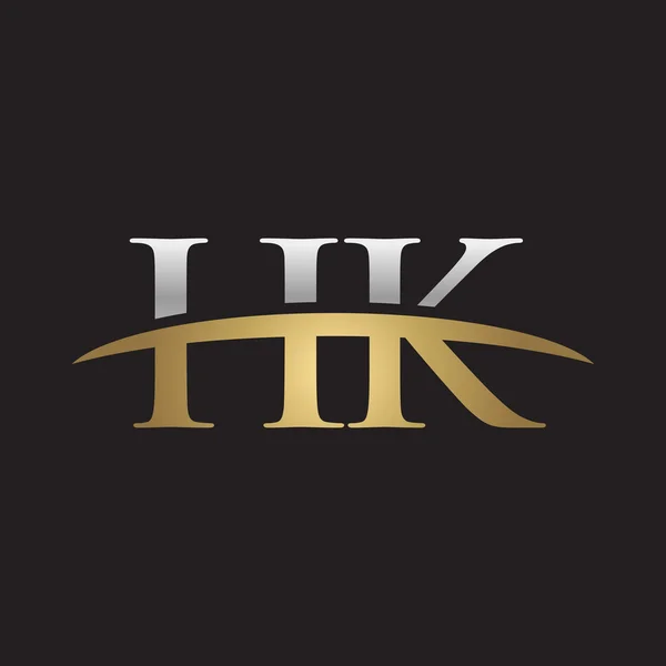 Letra inicial HK plata oro swoosh logo swoosh logo negro fondo — Vector de stock