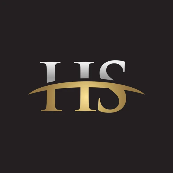 Letra inicial HS plata oro swoosh logo swoosh logo negro fondo — Vector de stock