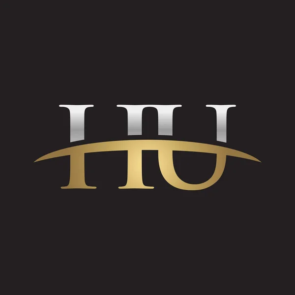 Letra inicial HU plata oro swoosh logo swoosh logo negro fondo — Vector de stock