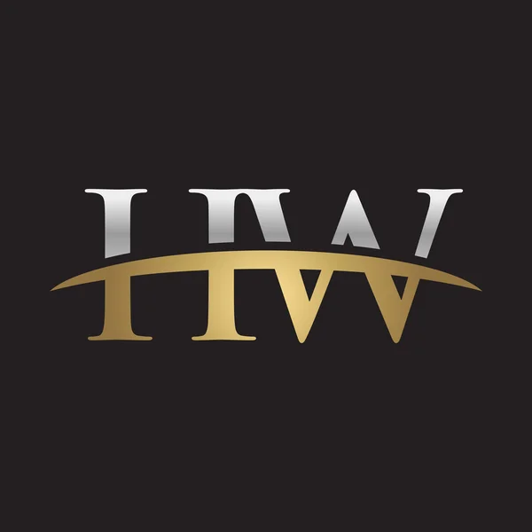 Letra inicial HW plata oro swoosh logo swoosh logo negro fondo — Vector de stock