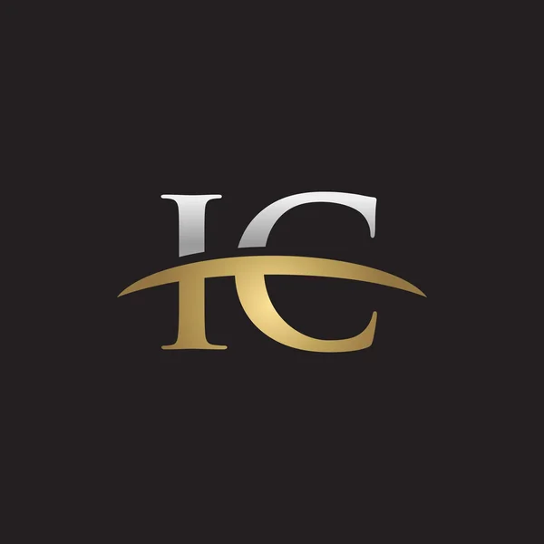 Počáteční písmeno Ic stříbro zlato swoosh logo swoosh logo černé pozadí — Stockový vektor