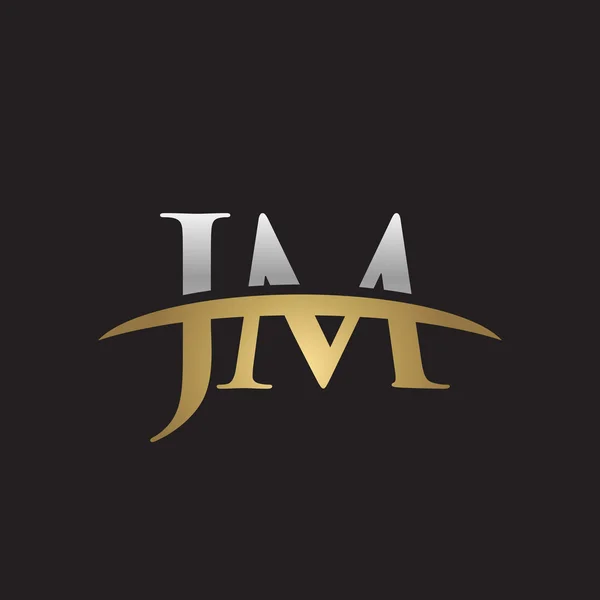 Initial letter JM silver gold swoosh logo swoosh logo black background — Stock Vector