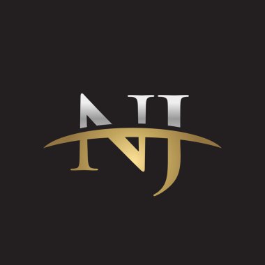 İlk harf Nj Gümüş altın swoosh logo logo siyah arka plan swoosh