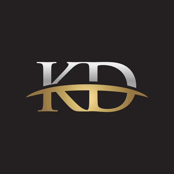 Carta inicial KD prata ouro swoosh logotipo swoosh logotipo preto fundo — Vetor de Stock