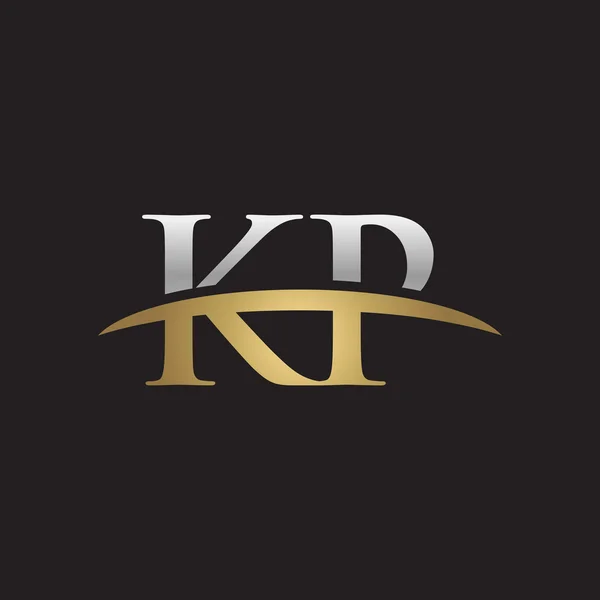 Letra inicial KP plata oro swoosh logo swoosh logo negro fondo — Vector de stock